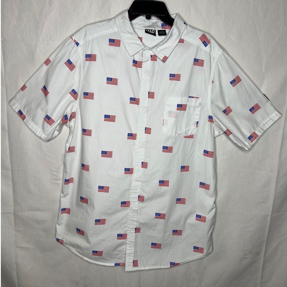 Mad Engine‎ Mens American Flag Print , Button Down Shirt, White XL Patriotic
